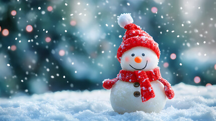 Smiling Snowman in Red Winter Outfit  
