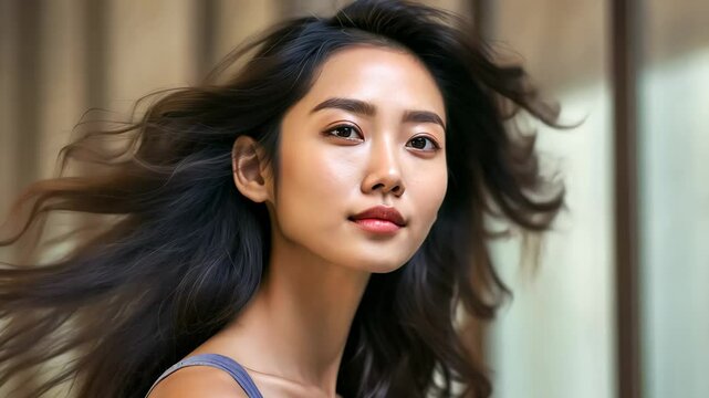 Asian model showcasing elegance with hair flowing in the breeze
