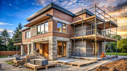 Modern Two-Story House Under Construction with Concrete Block Exterior, Showcasing Innovative Design and Architectural Features for Future Homeowners