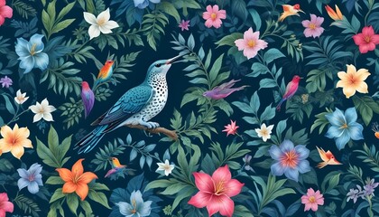 Tropical exotic pattern with animal and flowers in bright colors and lush vegetationn