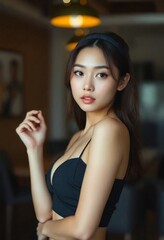 Natural portrait of a young Asian woman in casual attire, standing in a cozy industrial apartment with a neutral facial expression, surrounded by a minimalist and modern interior design