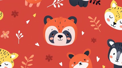Obraz premium A repeating pattern of cute animal faces and flowers against a red background.