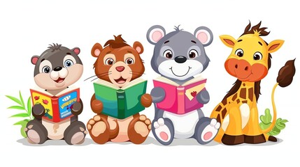 Naklejka premium Four cartoon animals reading books: an otter, a bear, a mouse, and a giraffe.
