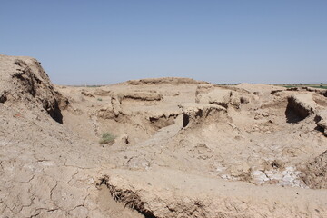 Landscape view of an archaeological site in the desert, revealing remnants of ancient architecture and cultural heritage.