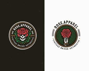 Vintage badge dead skull with rose illustration logo printing for business company