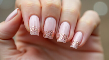 New Year's Eve manicure: Soft pink manicure with glitter, creating a delicate and festive look, against a sparkling background