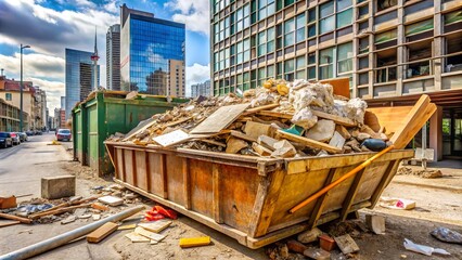 Overloaded Dumpster Filled with Construction Waste and Drywall Debris During Reconstruction Process in Urban Environment Using the Rule of Thirds for Visual Impact