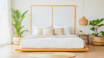 Cozy Japan styled bedroom with natural elements and minimalistic decor. Generative AI