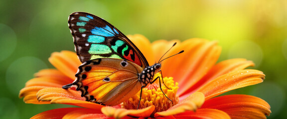 Fototapeta premium Colorful butterfly perched on vibrant orange flower in garden