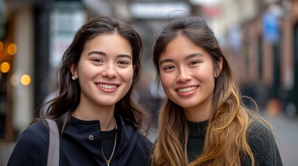 Fototapeta premium Two joyful Asian teens pose together, capturing a moment of friendship and happiness in New York