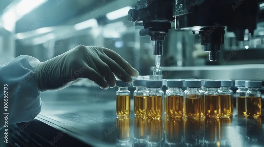 Aufkleber a person is working with a machine that is filling bottles with a liquid