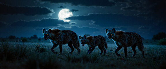Hyenas hunting at night under full moon in savanna grassland