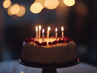 A delicious-looking birthday cake with lit candles sits on a cake stand. Warm, inviting, and perfect for a celebration!