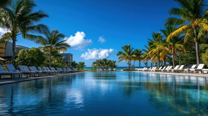 Naklejka premium Tranquil Poolside Oasis with Palm Trees and Blue Sky