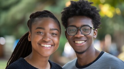 Obraz premium Two teens, a South African girl and boy, smile in a sunny London park