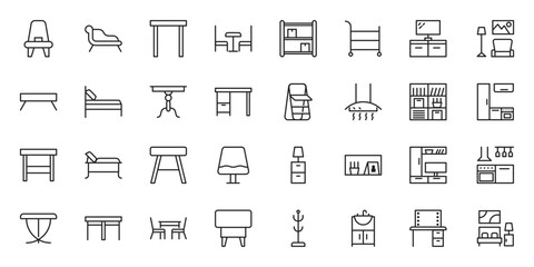 Furniture flat line icons set. Kitchen, bedroom, sofa table, bookcase closet, chair, mattress, lamps, ladder vector illustrations