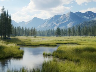 Serene landscape of a tranquil lake nestled in a lush meadow, framed by towering mountains under a partly cloudy sky. The scene evokes a sense of peace and natural beauty.
