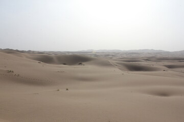 A distant view of the desert under a soft, misty sky, creating a tranquil and mysterious atmosphere.