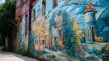 Fototapeta premium Whimsical Wall Mural Depicting a Vintage Village Scene with Architectural Details