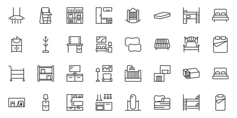 Furniture flat line icons set. Kitchen, bedroom, sofa table, bookcase closet, chair, mattress, lamps, ladder vector illustrations