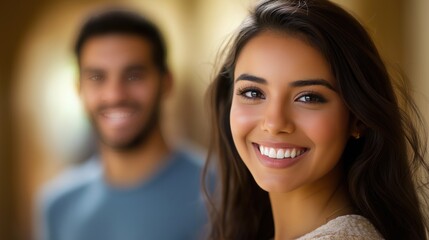 A joyful 25-year-old Hispanic woman smiles, while her partner appears playfully in the background