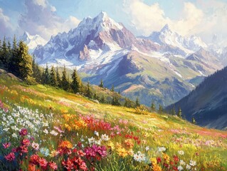 Vibrant wildflowers bloom in a lush alpine meadow, nestled against a backdrop of majestic snow-capped mountains. A breathtaking display of nature's beauty.