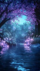 Stunning long shot of fantasy worlds merging with lush environments, serene glowing trees, mystical landscapes, captivating details