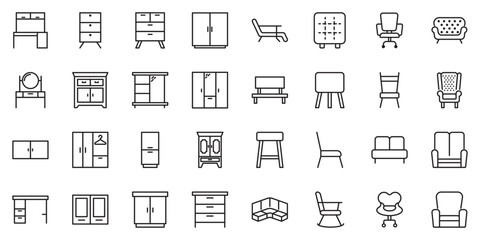 Furniture flat line icons set. Kitchen, bedroom, sofa table, bookcase closet, chair, mattress, lamps, ladder vector illustrations