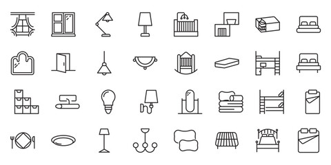 Furniture flat line icons set. Kitchen, bedroom, sofa table, bookcase closet, chair, mattress, lamps, ladder vector illustrations