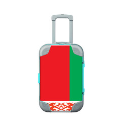 Travel suitcase in the colors of the Belarus flag is isolated on a white background. It represents trips and is a design