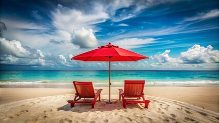 Fototapeta premium Serene Beach Scene with Two Red Chairs Under an Umbrella: Minimalist Photography Highlighting Relaxation and Coastal Vibes