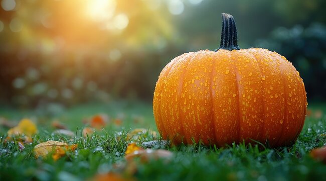 Dewy orange pumpkin sits on lush green grass with fallen autumn leaves.