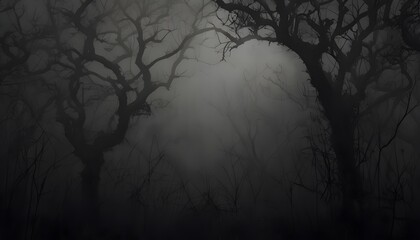 "Foggy Halloween Forest with Silhouetted Trees"