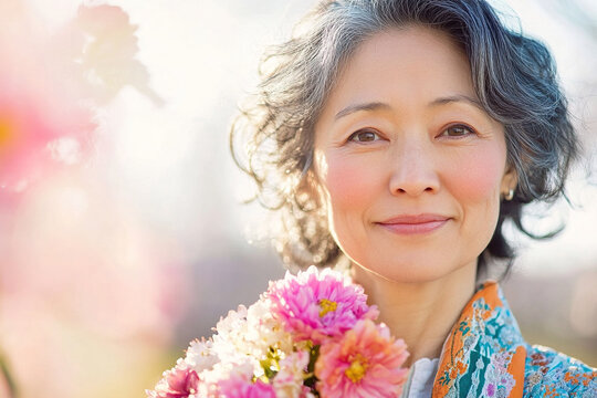 Asian woman, 50, nature lover, holding flowers. Bright colors, sunlight. Menopause concept. International Menopause Day. 