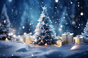 Obraz premium Christmas background. Xmas tree with snow decorated with garland lights, holiday festive background. backdrop. New year Winter art design, Christmas scene wide screen holiday border