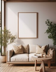 House modern living room,modern living room with sofa, Frame mockup, ISO A paper size. Living room wall poster mockup. Interior mockup with house background,Home living room interior