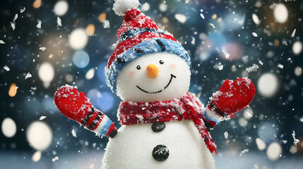 Fototapeta premium Smiling Snowman with Red Mittens in Snow 