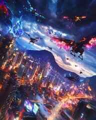 Obraz premium Tilted angle view of an urban landscape, mythical creatures soaring with drones, vibrant colors blend fantasy and reality