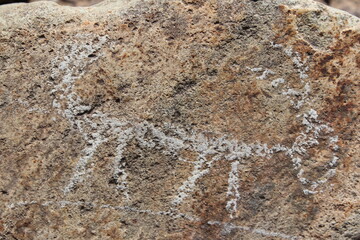 Close-up of petroglyphs on stone, showcasing ancient human expressions.