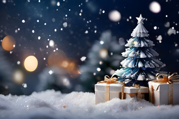 Obraz premium Christmas background. Xmas tree with snow decorated with garland lights, holiday festive background. backdrop. New year Winter art design, Christmas scene wide screen holiday border