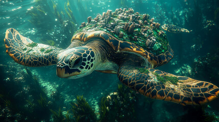 Fototapeta premium A sea turtle swims gracefully in a lush underwater environment filled with kelp, coral, and colorful marine life under clear blue water