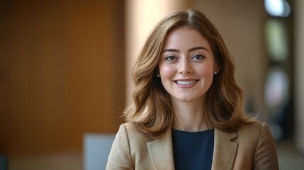 Confident young woman with a friendly smile in a professional setting, showcasing modern business attire and warm ambiance, perfect for corporate and personal branding needs.
