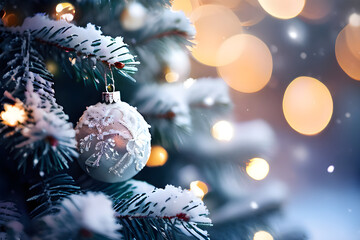Christmas background. Xmas tree with snow decorated with garland lights, holiday festive background. backdrop. New year Winter art design, Christmas scene wide screen holiday border