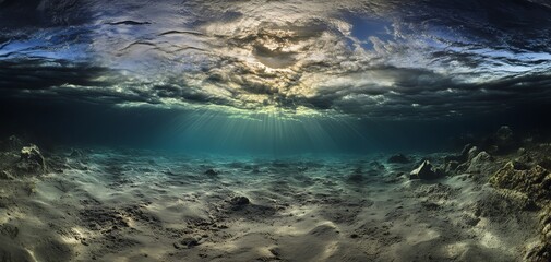 Fototapeta premium Wide-angle view of surreal underwater landscapes, merging artistic currents with ethereal hues, shimmering light reflections