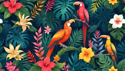 Tropical exotic pattern with animal and flowers in bright colors and lush vegetationn