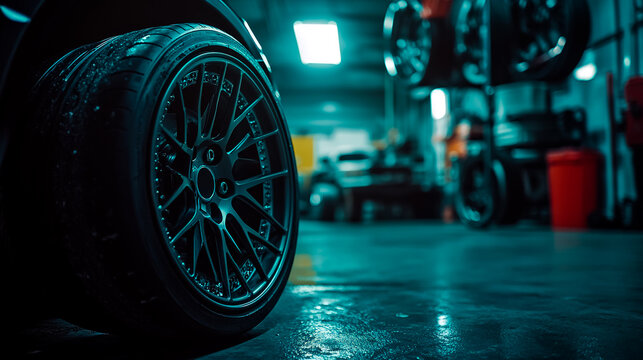 Car wheels in a garage, captured from different angles