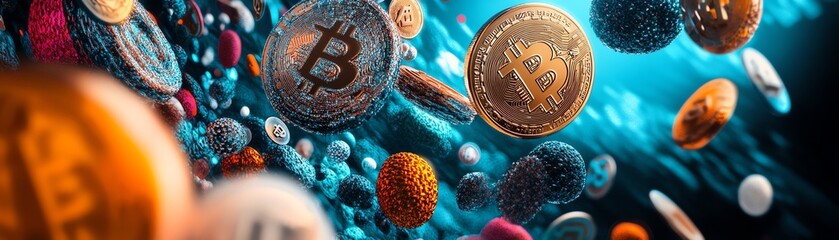 Abstract image of various cryptocurrencies, Bitcoin, Ethereum, and others, swirling in a vibrant digital space