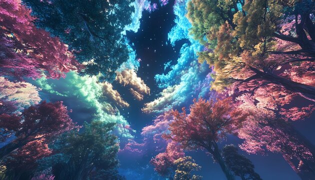 Worms-eye view of vibrant fantasy forest