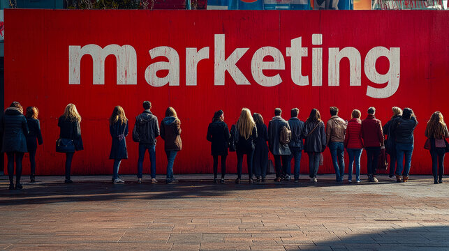 A diverse group of individuals stands in front of a bold marketing sign, engaged in observation in a vibrant urban landscape during daylight