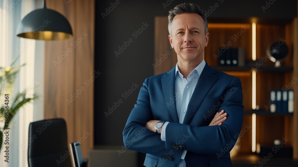 Poster a man in a blue suit stands in front of a desk with a potted plant and a clock